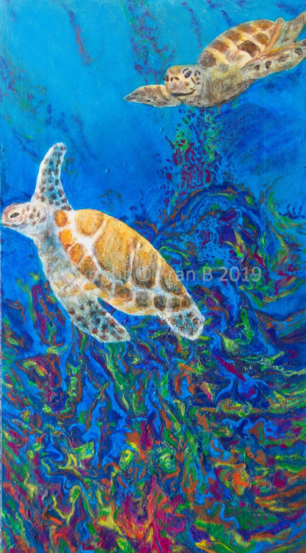 Sea Turtles On Coral Reef – Art By Fran B